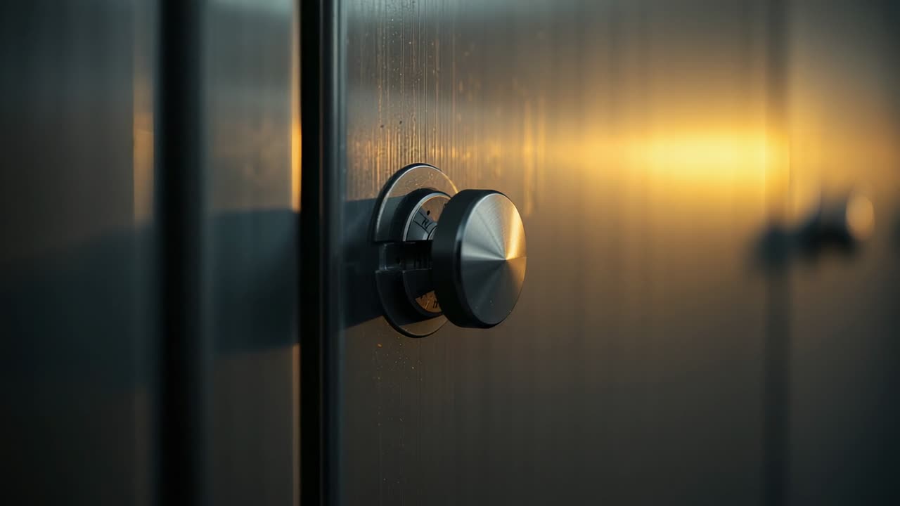 Focusing brushed-metal knob showing base plate and warm highlight on cabinet panels, copy space