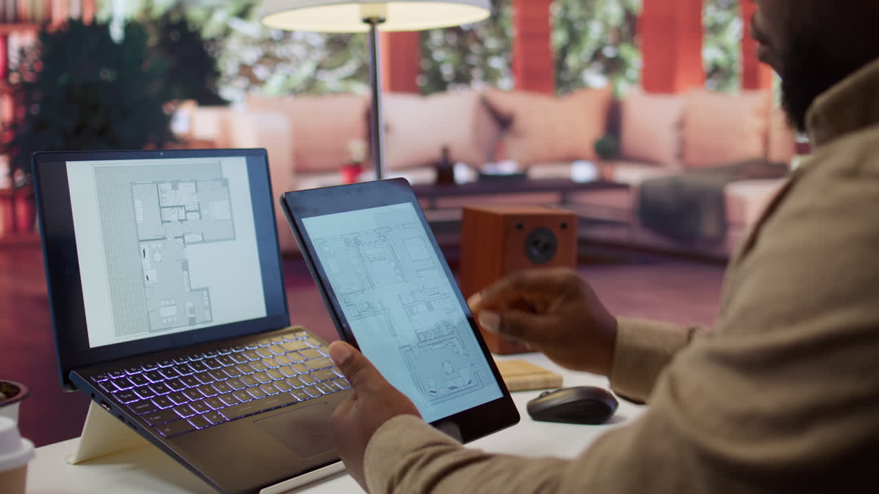 Entrepreneur planning an office relocation evaluating architectural blueprints