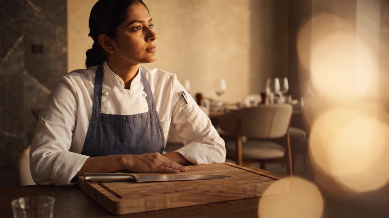 Uno chef concentrato prepara attentamente gli ingredienti con un coltello affilato su un tagliere di legno in un elegante ambiente di ristorante, evidenziando precisione e abilità culinarie