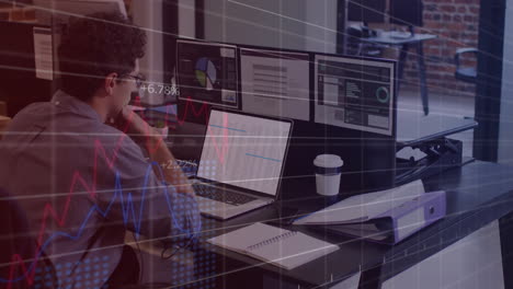 animación del procesamiento de datos financieros sobre empresario caucásico usando computadora en la oficina.