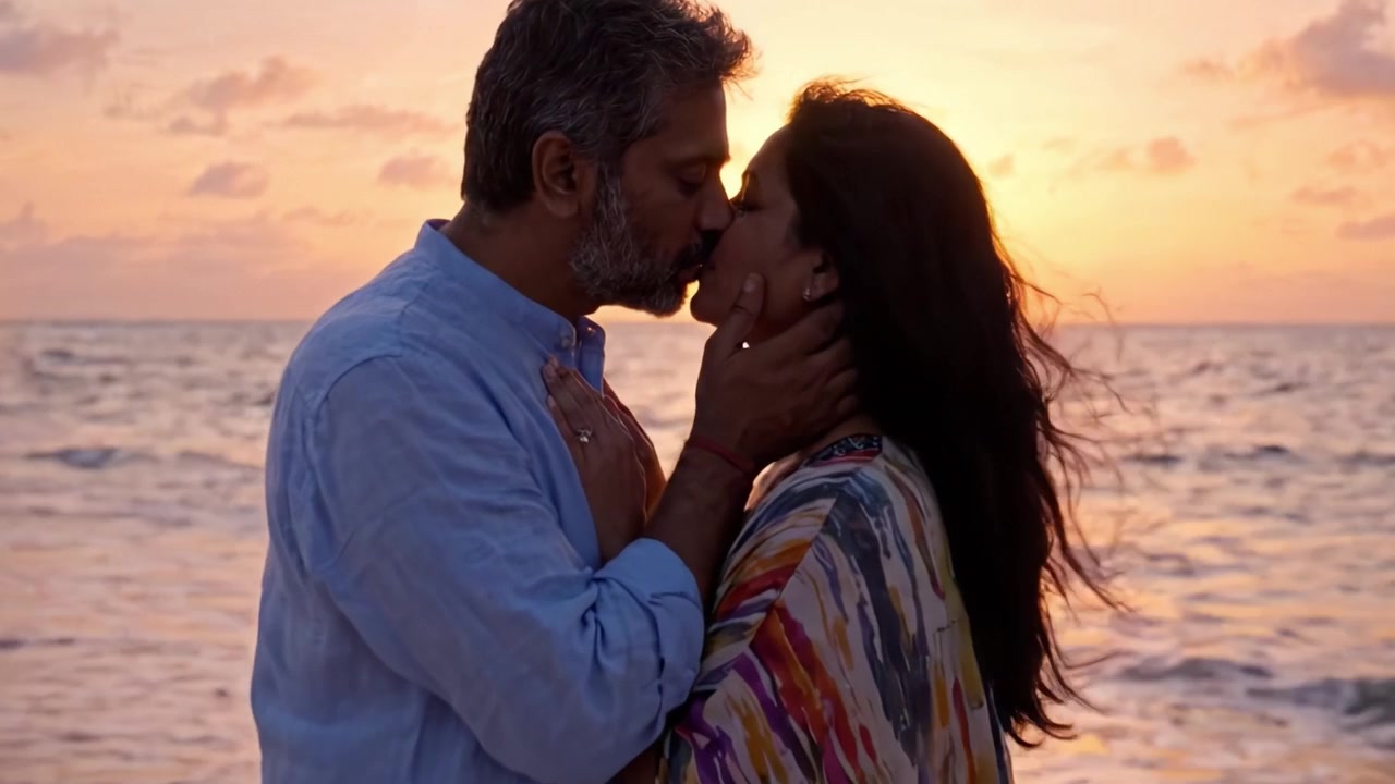 Intimate Sunset Embrace: A Romantic Moment Captured on the Beach, Where Love Blossoms Against the Backdrop of a Beautiful Sky and Ocean Waves