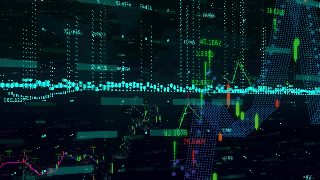 Animation of financial data processing over dark background