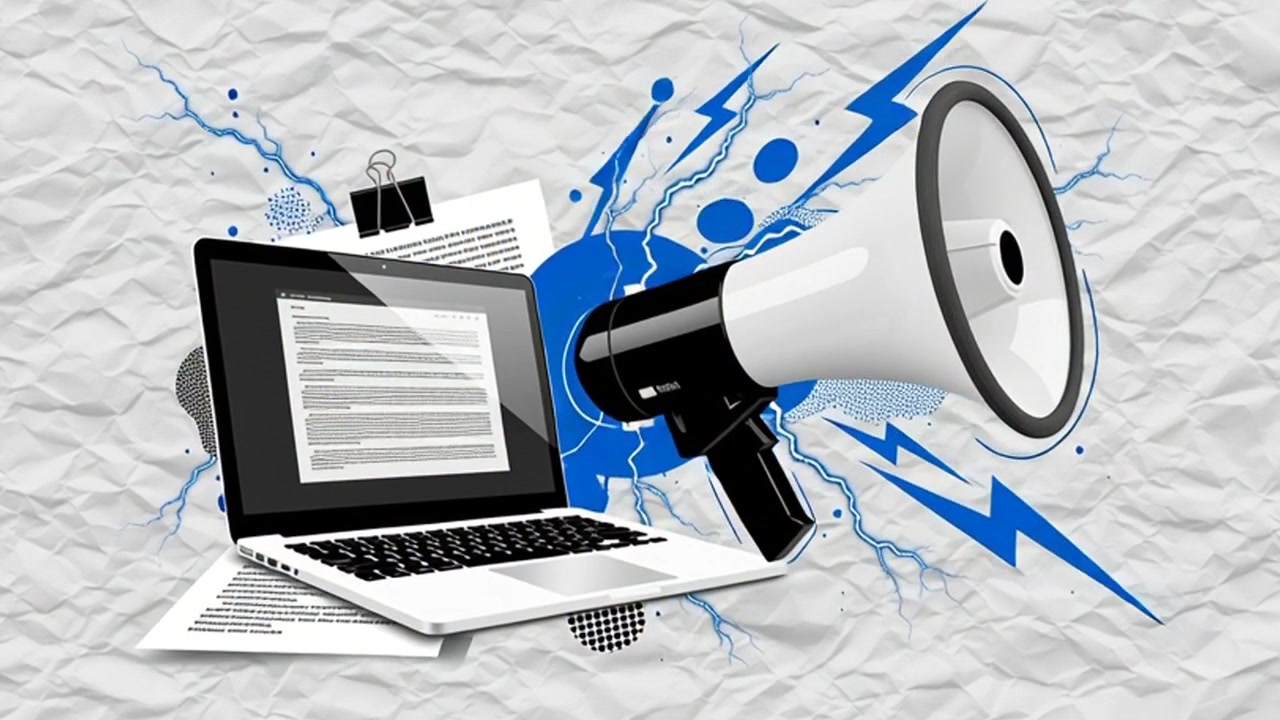 Anúncio de marketing digital com megafone e animação de laptop