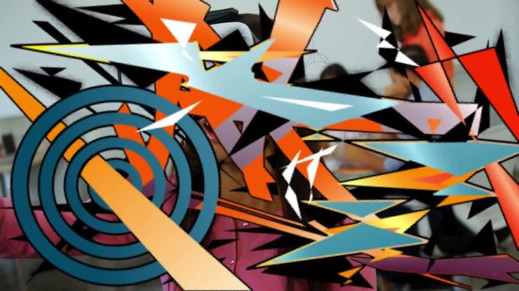Animation of abstract shapes over businesswoman wearing vr headset