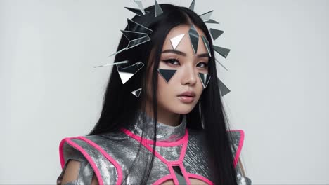 a striking portrait of a model with reflective geometric accents and bold fashion elements against a neutral background