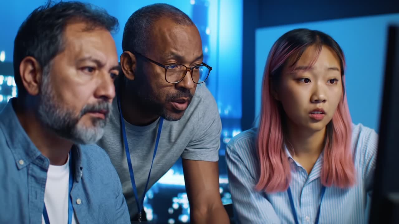 Focused Team Collaborating on Digital Data Analysis in Modern Office Environment with Technology-Driven Backdrop Enhancing a Productive Work Atmosphere