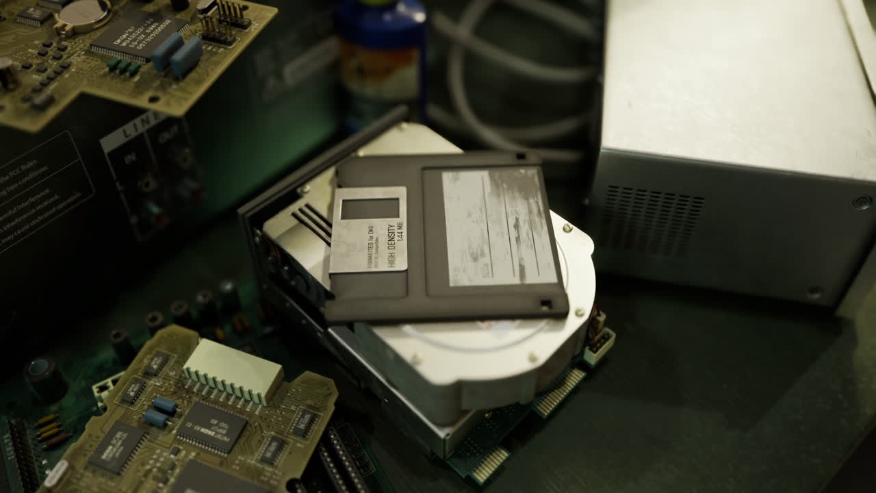 Old computer hardware and floppy disk on a workbench in a workshop
