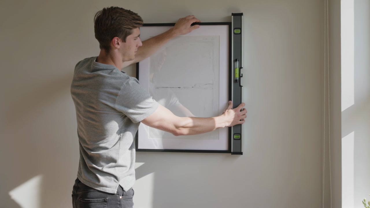 Lifting framed picture, man in gray T-shirt adjusting spirit level against wall at home for hanging