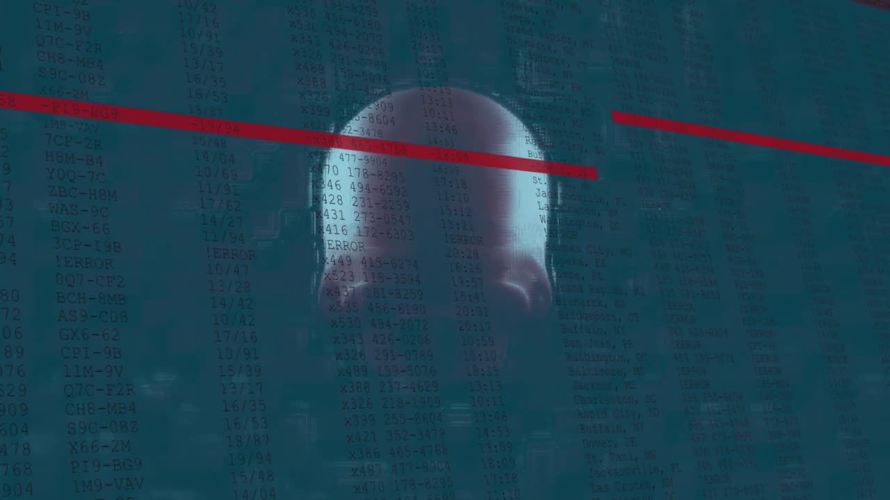 animación de la interfaz con datos digitales que se mueven rápidamente sobre el cráneo humano giratorio y las líneas rojas