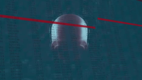 animation of interface with digital data moving rapidly over rotating human skull and red lines