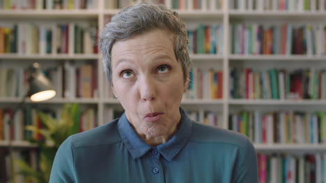 portrait of lively middle aged caucasian woman librarian making faces laughing cheerful enjoying spontaneous crazy fun in library bookshelf background