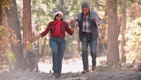 senior black couple hiking in a forest, front view