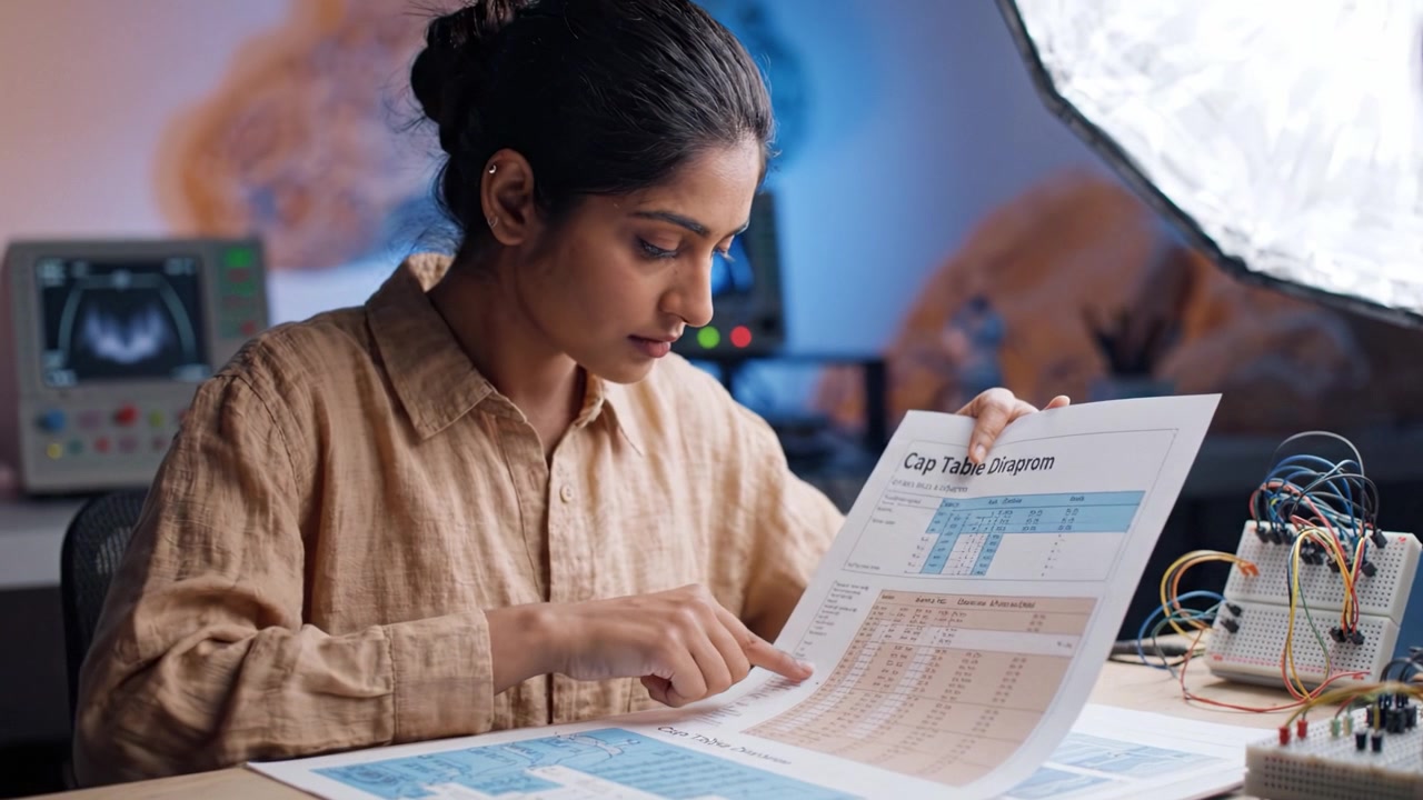 Una donna concentrata esamina un diagramma dettagliato del cap table, mostrando l'analisi dei dati e il pensiero critico in uno spazio di lavoro moderno con tecnologia e documentazione.