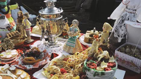 Sweet Pastry And Russian Samovar. Table With Sweets, Pancakes And Pies. Traditional Russian Tea Drinking During Celebration National Traditional Holiday Maslenitsa
