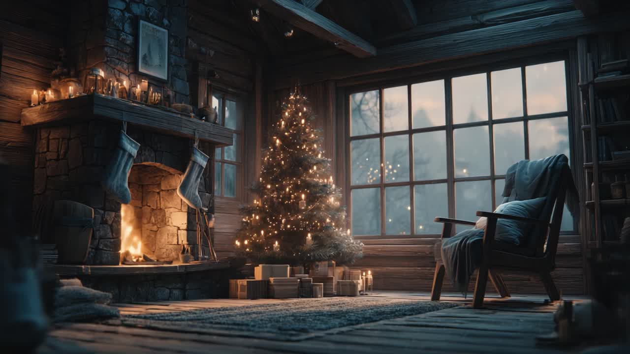 A Cozy Christmas Evening: A Warm and Inviting Room Decorated for the Holidays with a Sparkling Tree and a Crackling Fireplace, Perfect for Winter Gatherings and Festive Celebrations