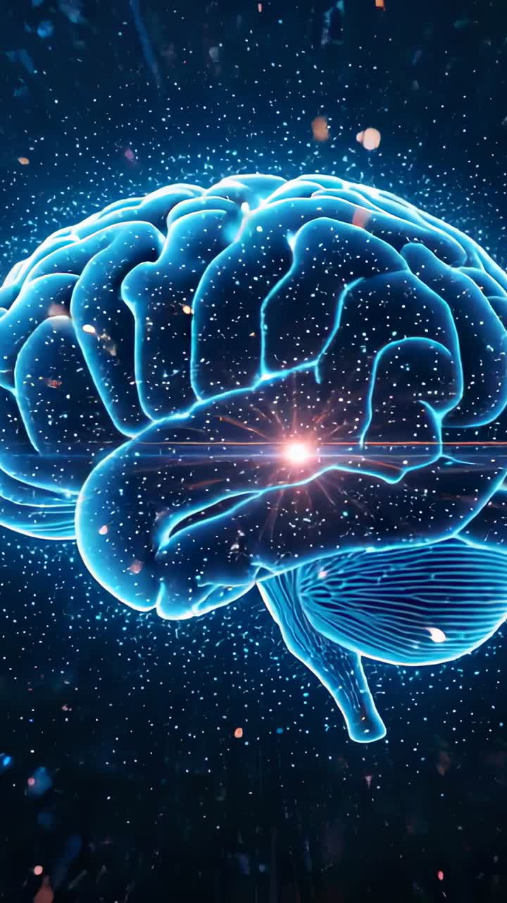 Video verticale: modello del cervello pulsante con bagliore scintillante in campo stellato blu scuro, che mostra l'attività neurale