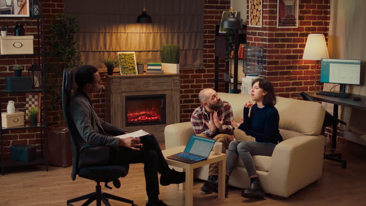 People in conflict attending therapy session with specialist