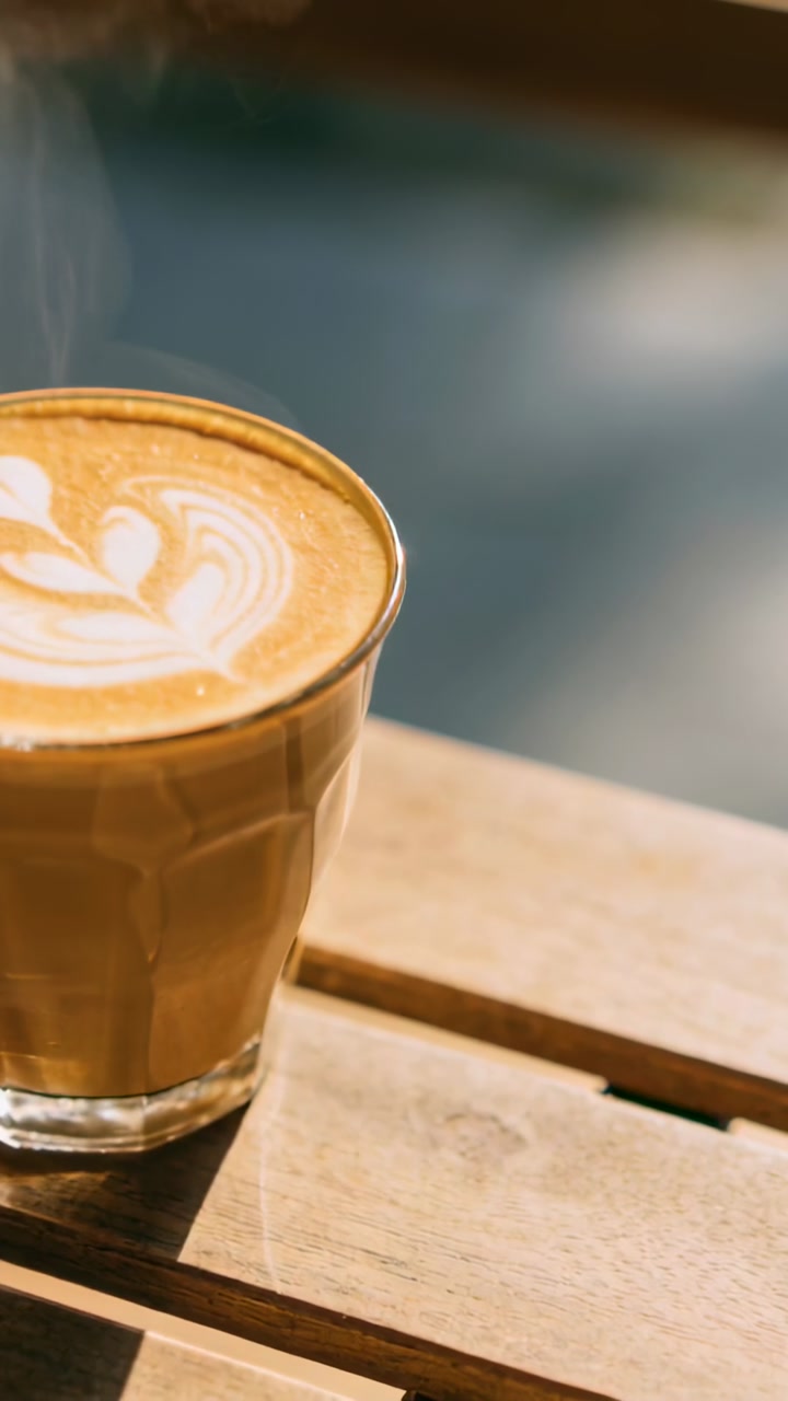 Steaming Hot Latte with Latte Art on a Wooden Table in Sunlight