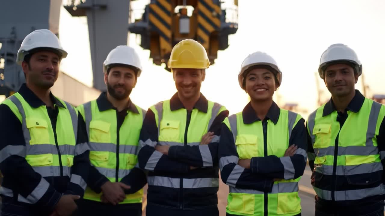 Diverse Team of Port Workers in Safety Gear