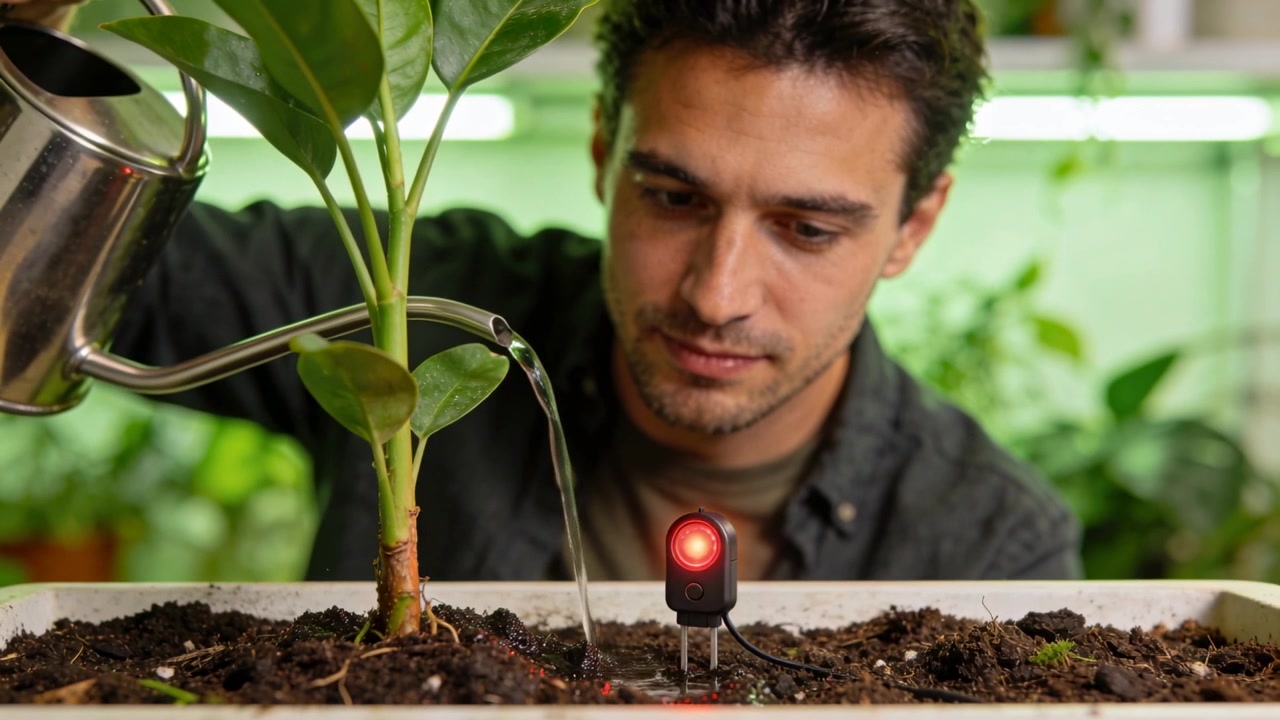 Vertiendo agua con una regadera, un hombre con camisa oscura observa una sonda que cambia a rojo en un rincón de plantas