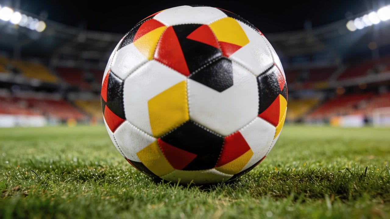 Hidas kameran zoomaus alkaa paljastaen jalkapallon nurmikentällä stadionilla yöllä, paneelit näkyvissä.