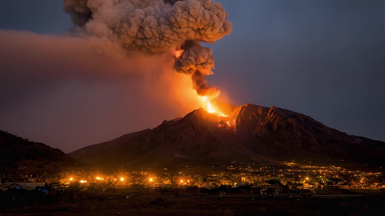 A breathtaking display of nature's power as an erupting volcano unleashes lightning and lava against a twilight sky, illuminating the surrounding landscape with fiery brilliance
