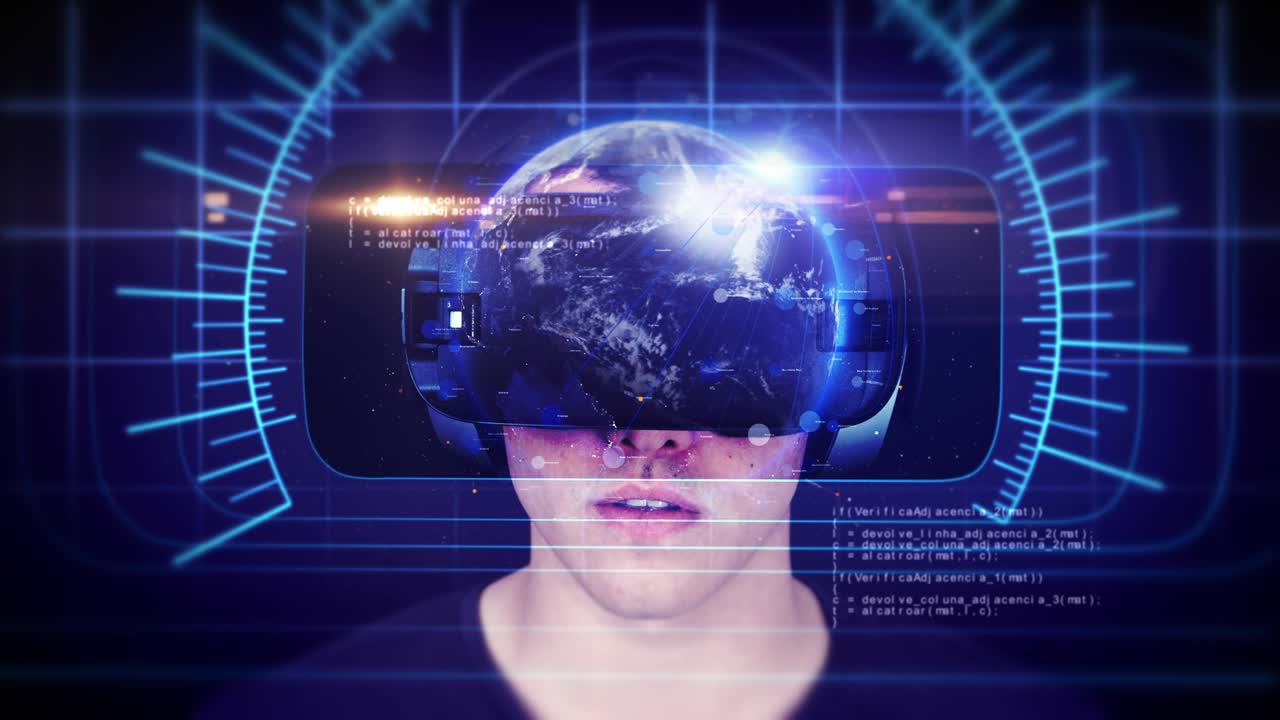 un joven guapo con auriculares vr y experimentando la realidad virtual.