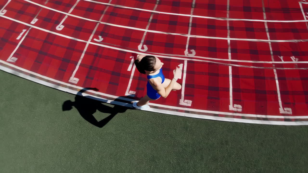 A runner on a red track with a long shadow