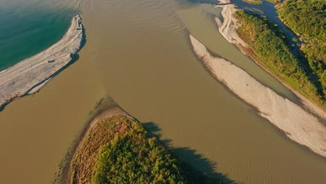 aerial view – mountain river flowing into black sea, batumi suburb, chorokh river, georgia