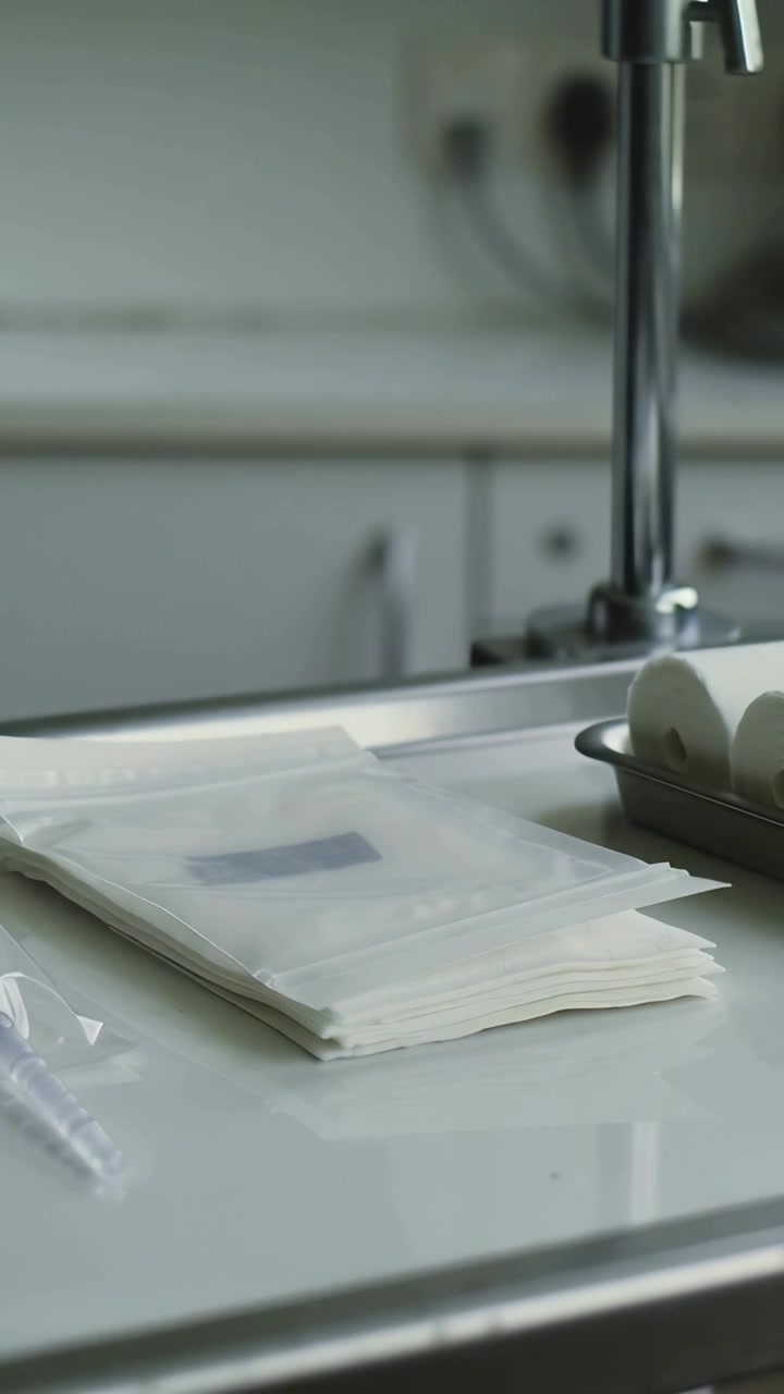 Vertical video: Shifting camera revealing sterile packs and pipette on clinic bench for prep