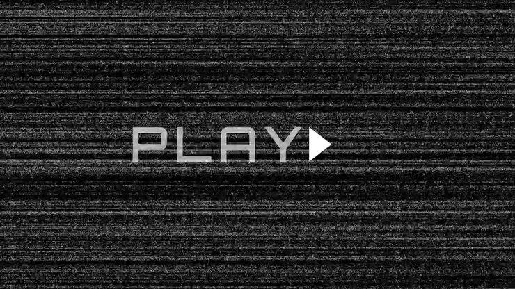 Black white glitch media visual with noisy television texture central play symbol and rough analog
