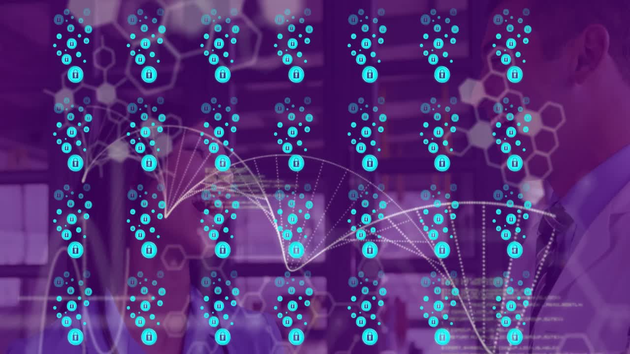animación de puntos y adn sobre feliz afroamericano mujeres y hombres médicos hablando