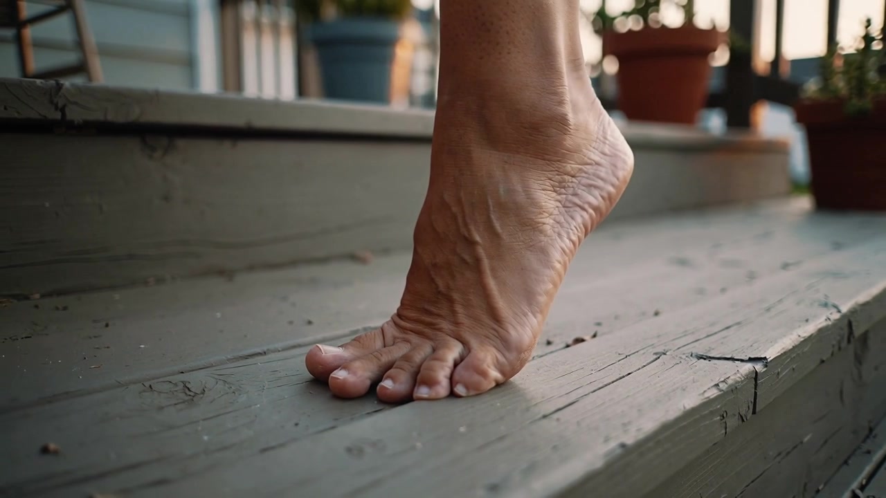 Posizionare il piede destro nudo che tocca il battistrada, rotolando sulle punte dei piedi, salendo un gradino del portico vicino a piante in vaso