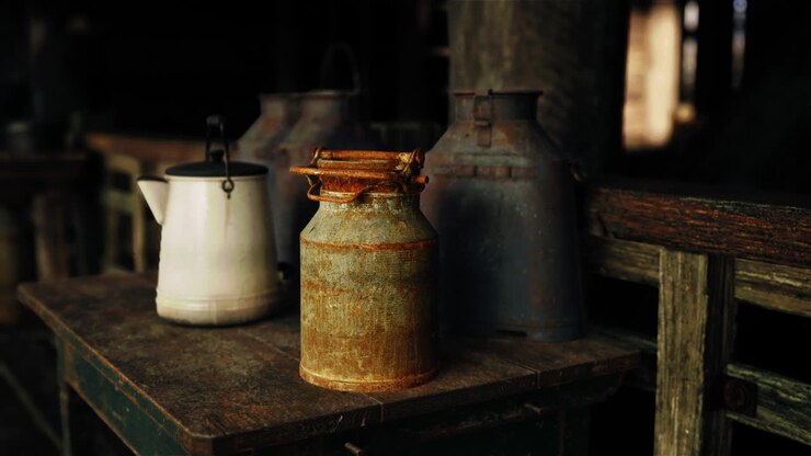 Old Rusty Milk Cans on a Wooden Table