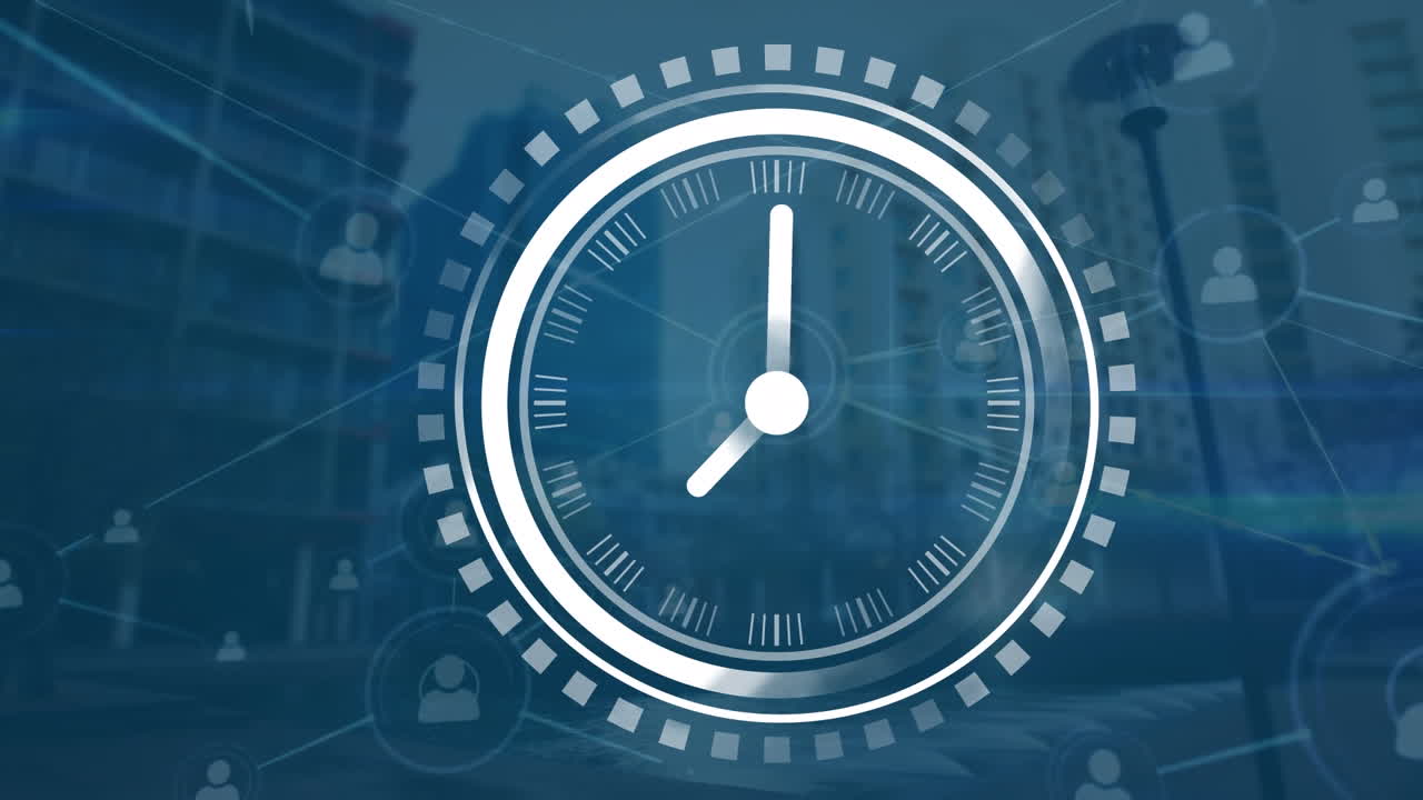 animación de reloj y red de iconos de perfil contra edificios altos