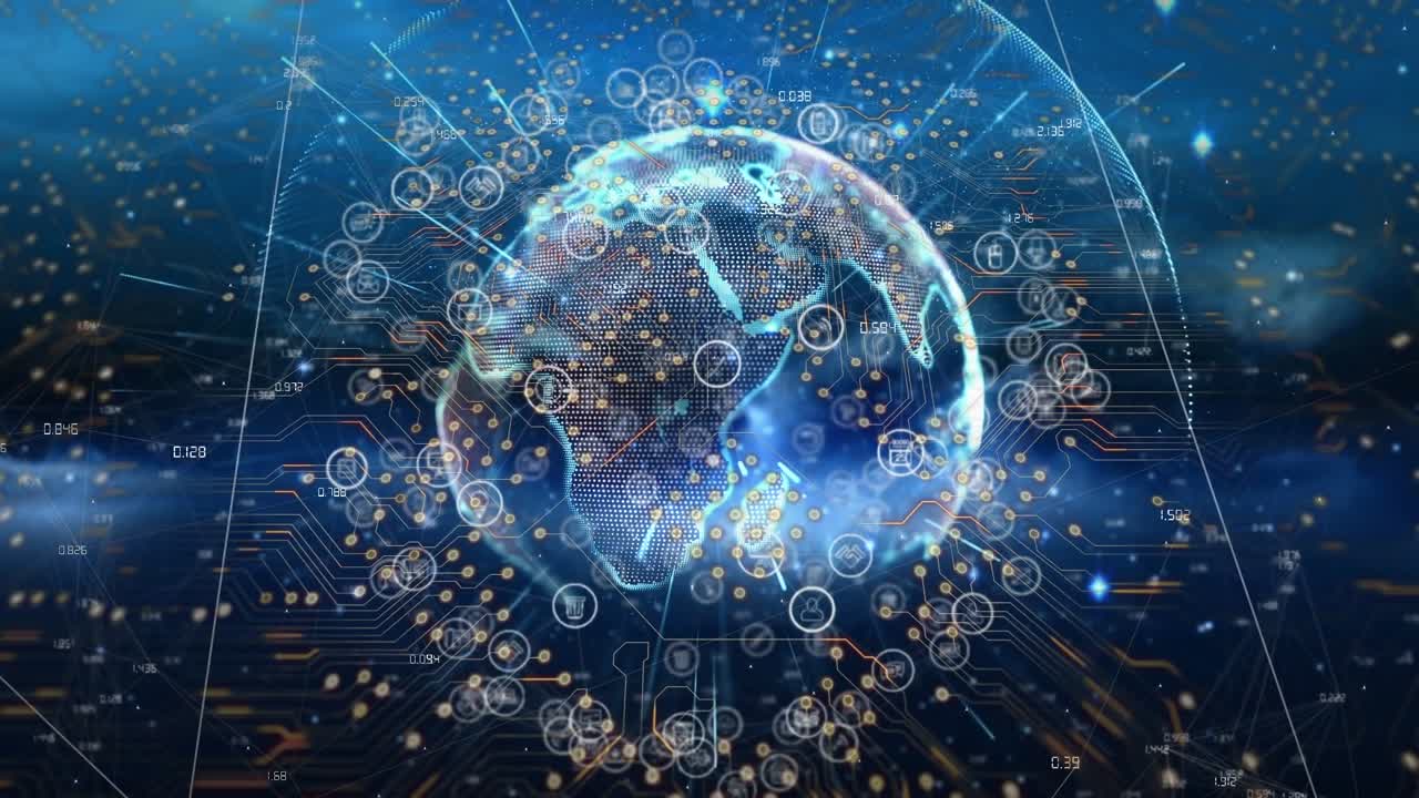 Animation of digital interface with network of connections with globe on dark background