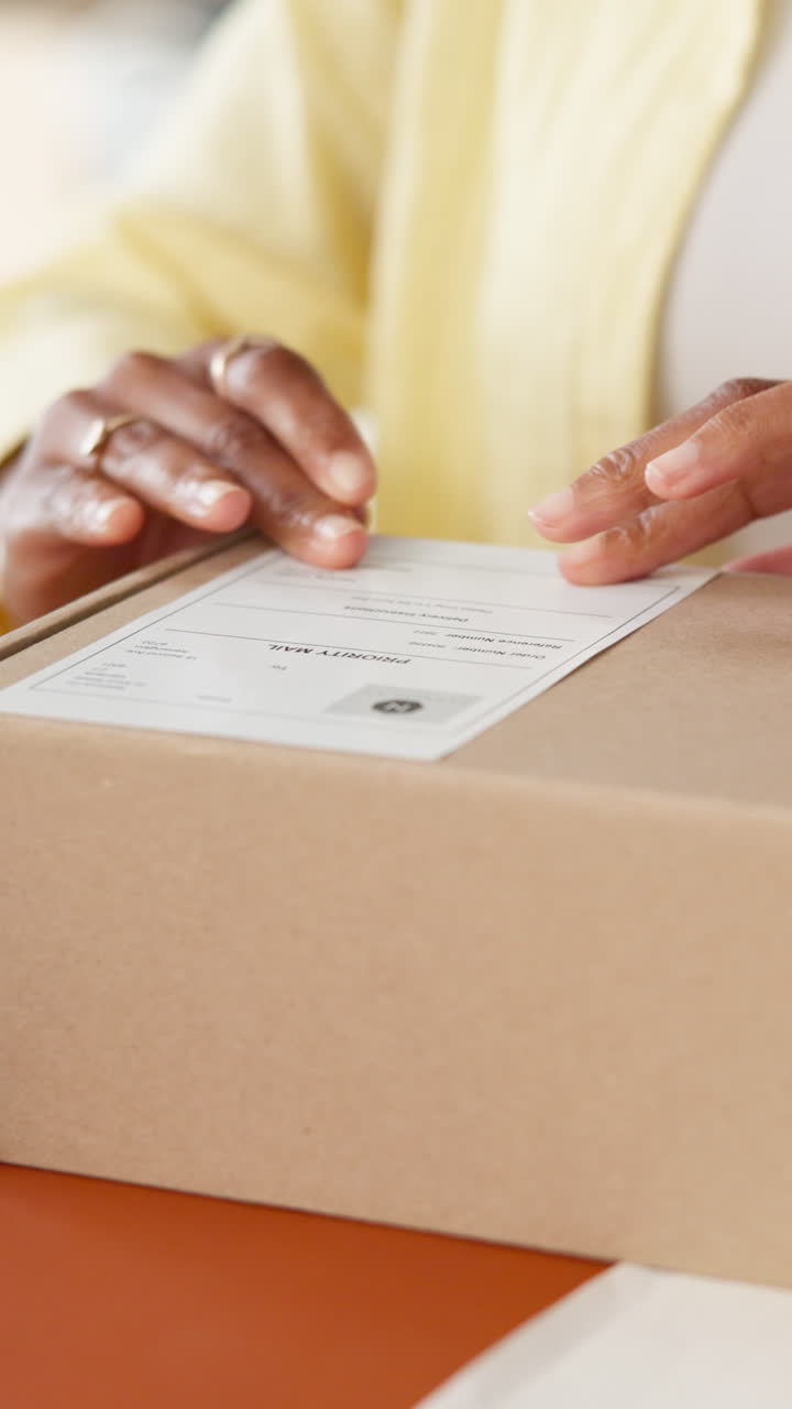 Close Up of Hands Applying Shipping Label to Cardboard Box