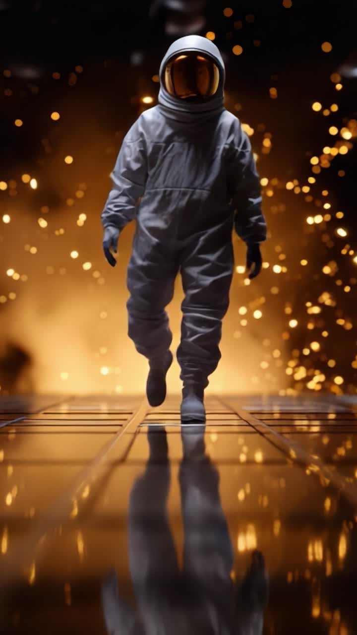 Un astronauta in tuta bianca cammina verso uno sfondo misterioso e scintillante, simboleggiando esplorazione, scoperta e le meraviglie dell'avventura spaziale.