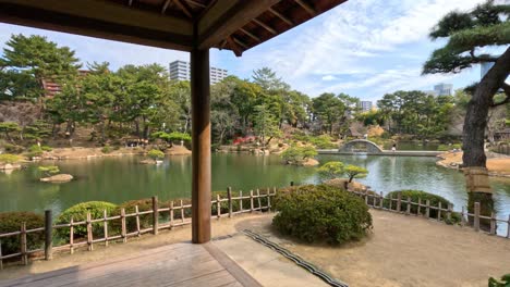 peaceful view from a gazebo over a tranquil pond