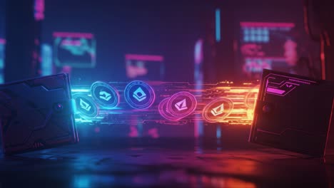 dynamic flow of digital tokens between two futuristic devices in a neon-lit environment illustrating a high-tech interaction