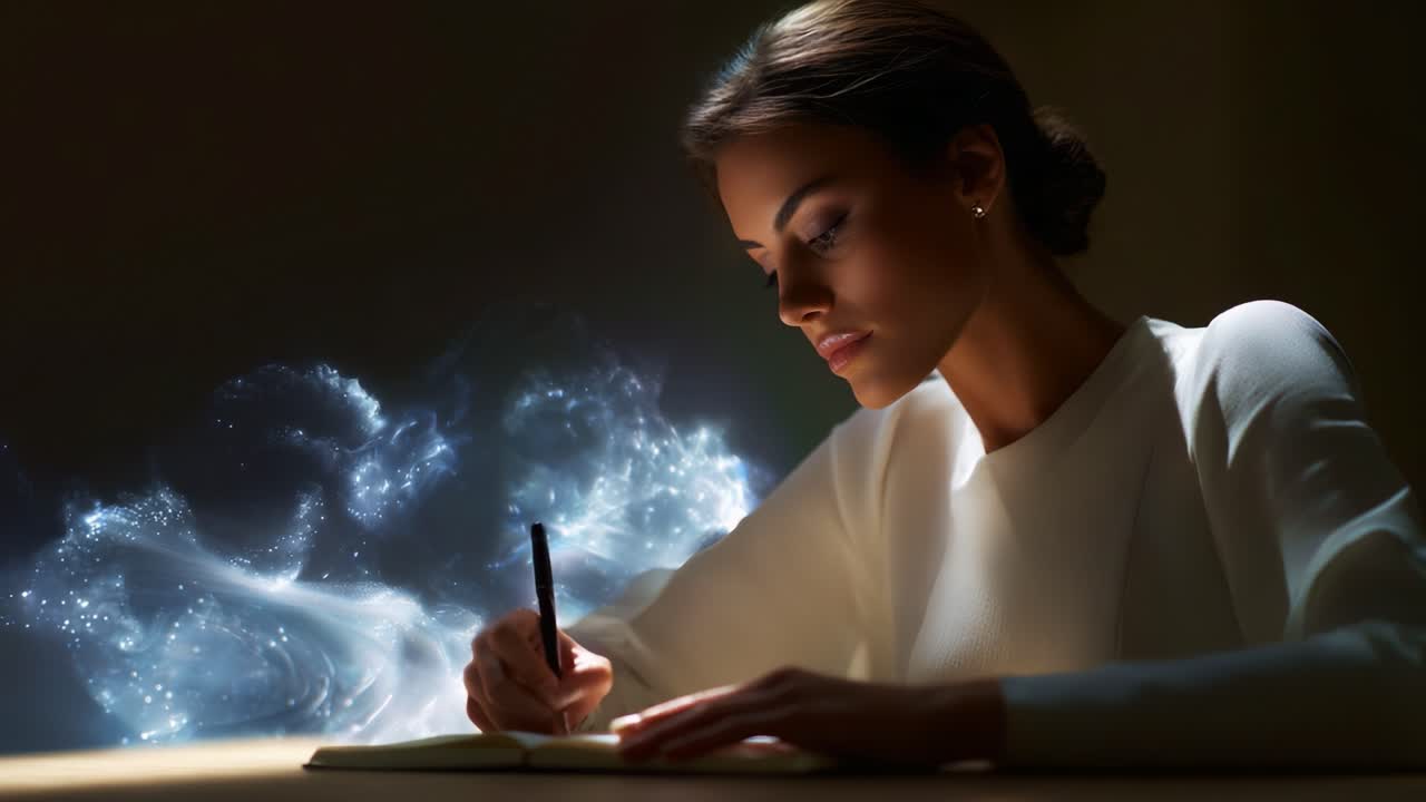 Una donna concentrata cattura i suoi pensieri più profondi e la sua creatività su carta, circondata da un alone incantevole che simboleggia la manifestazione delle sue idee e l'ispirazione in un ambiente sereno e riflessivo.