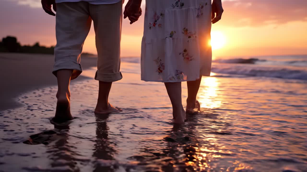 Romantic Couple Walking on Beach at Sunset