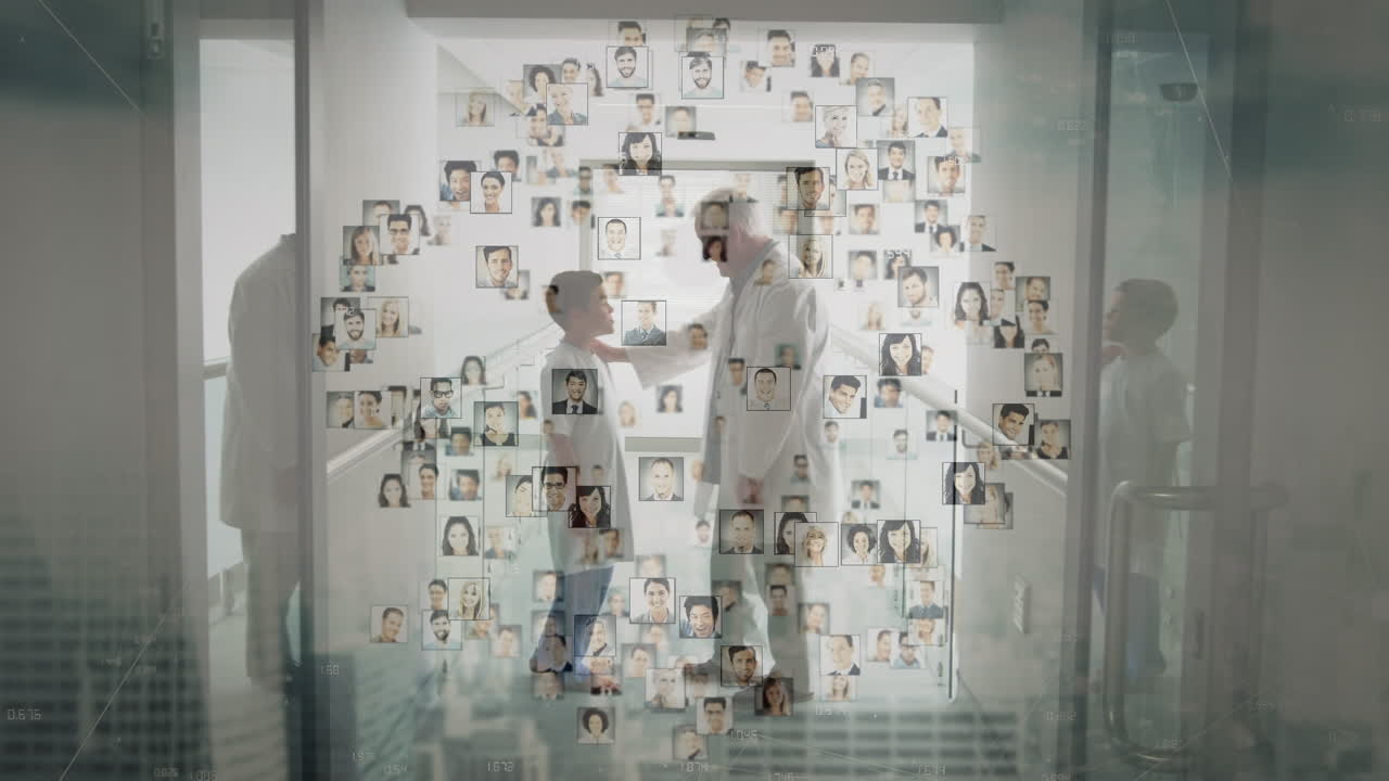 백인 남성 의사와 환자 사이의 네트워크 연결의 애니메이션