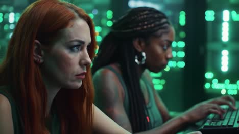intense focus: two programmers engaged in complex code analysis under neon lights in a high-tech environment