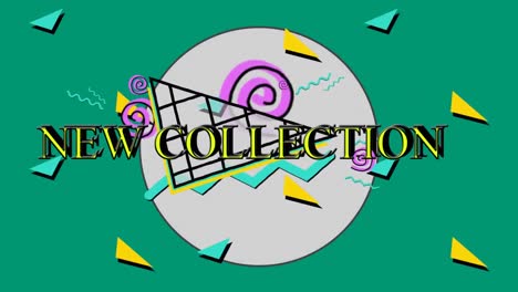 Animation-of-new-collection-text-over-colourful-geometric-shapes-and-grey-circle-on-green