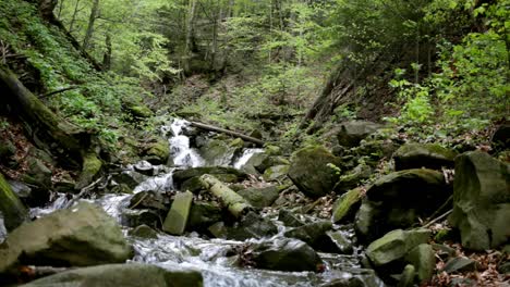 Río-De-Montaña-Que-Fluye-Entre-Piedras-En-El-Bosque-Verde.-Cascada-De-Montaña