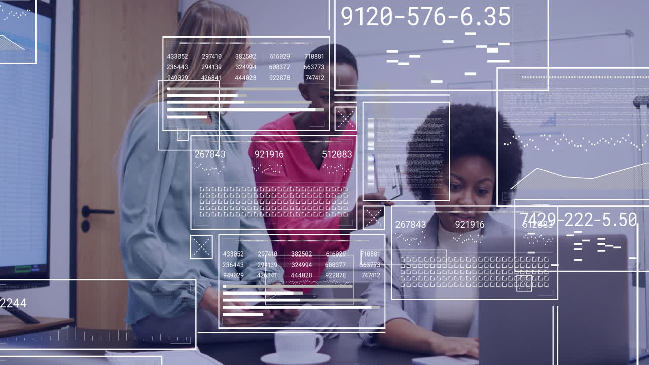 Animation of financial data processing over diverse business people working together