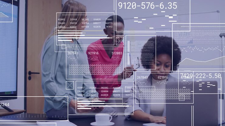Animation of financial data processing over diverse business people working together
