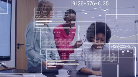 animation of financial data processing over diverse business people working together