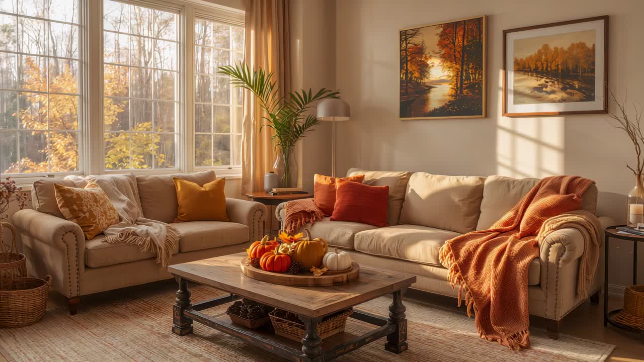 Shifting sunlight at home casting bands across sofas, coffee table with pumpkin with sun moving